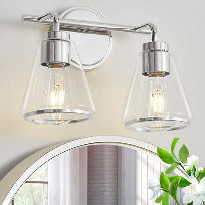 Bathroom Light Fixtures Over Mirror Polished Nickel Vanity Light 2-Lights | Bathroom Vanity Lights with Clear Glass Shade, 14 inch Vanity Lighting Fixtures, Modern Wall Sconces Bath Light