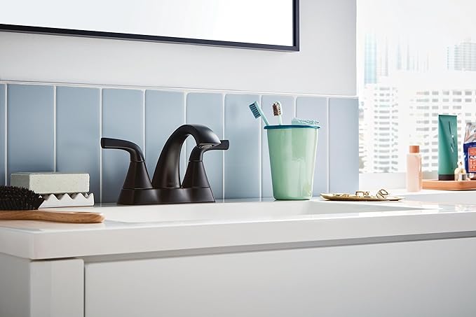 Peerless Parkwood Centerset Bathroom Faucet, Black Bathroom Faucet for Bathroom Sink, Bathroom Sink Faucet, Metal Drain Assembly, Matte Black P2535LF-BL