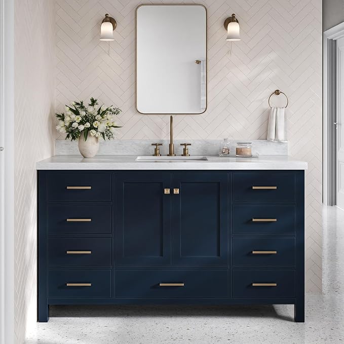 Beckford 60 Inch Bathroom Vanity Single Sink — Midnight Blue Bathroom Vanity with Sink, 1.5" Edge Italian Carrara Marble Countertop & Backsplash, 2 Soft-Close Doors, 9 Dovetail Drawers