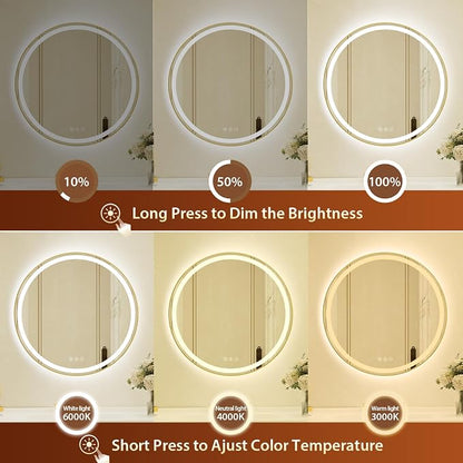30 Inch Round Gold Framed LED Bathroom Mirror with Lights, Built-in Bluetooth Speaker,Tempered Glass,Dimmable Lighted Bathroom Vanity Mirror with 3 Colors, Backlit + Frontlit, Memory, Anti-Fog