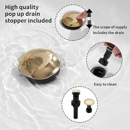 Bathroom Faucet Polished Gold GGStudy 2 Handles 4 Inches Centerset Bathroom Vanity with Drain Assembly and Supply Hose Lavatory Faucet Mixer Double Handle Tap
