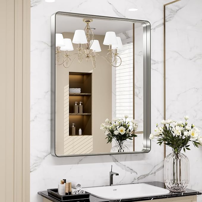 LOAAO 24X32 Inch Brushed Nickel Bathroom Mirror | Rounded Rectangle, Silver Metal Frame, Anti-Rust, Hangs Horizontally or Vertically