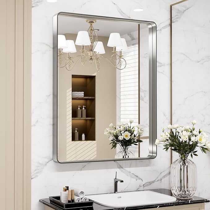 LOAAO 24X36 Inch Brushed Nickel Bathroom Mirror | Rounded Rectangle, Silver Metal Frame, Anti-Rust, Hangs Horizontally or Vertically
