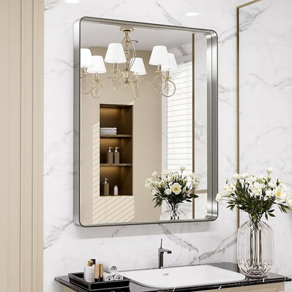 LOAAO 28X36 Inch Brushed Nickel Bathroom Mirror | Rounded Rectangle, Silver Metal Frame, Anti-Rust, Shatter Proof, Hangs Horizontally or Vertically