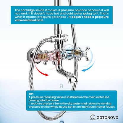 gotonovo Exposed Shower Faucet Set 8 Inch Rainfall Showerhead 3-Function Shower Fixture with Tub Spout 2 Corss Handles Shower System, Polish Chrome
