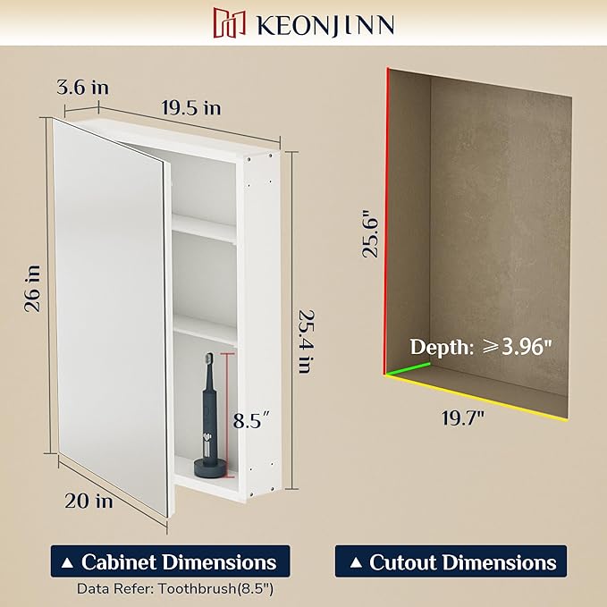 Keonjinn Medicine Cabinet Mirror for Bathroom 20 x 26 Inch, Tempered Glass | Assembly Needed, Stepless Adjustable Shelves, Surface Mount or Recessed, Lightweight Aluminum, Soft Close DTC Hinges, Sliver