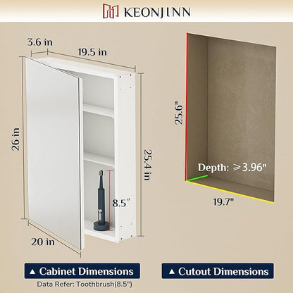 Keonjinn Medicine Cabinet Mirror for Bathroom 20 x 26 Inch, Tempered Glass | Assembly Needed, Stepless Adjustable Shelves, Surface Mount or Recessed, Lightweight Aluminum, Soft Close DTC Hinges, Sliver