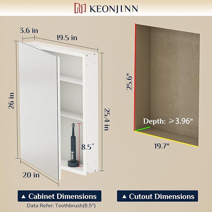 Keonjinn Black Medicine Cabinet with Mirror 20" x 26", Lightweight Aluminum | Assembly Required, Adjustable Shelves, Safe Tempered Glass, Wall Mount or Recessed, Soft Close, Bathroom Mirror with Storage