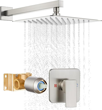 Brushed Nickel Shower Faucet Set, 12 Inch Rain Shower System with Valve | Complete Rain Shower Set with Valve, Single Handle Wall Mount Design