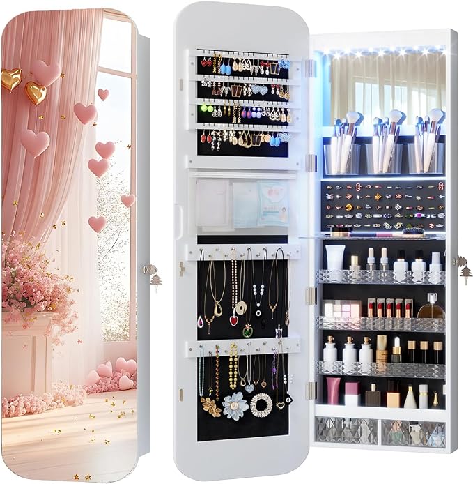 Vlsrka 47.2" Wall/Door Mounted Jewelry Cabinet Organizer Armoire W/Mirror | 6 LEDs, Over The Door Hanging Jewelry Organizer with Rounded Corner Mirror, Lockable Full Length Mirror with Storage,White
