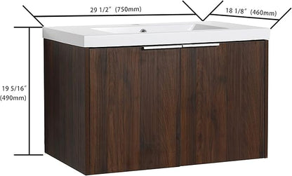 30in Wall Mount Bathroom Vanity w/Sink Combo for Home, Resin Countertop Double Doors Modern Bathroom Vanity Cabinet for Company, Floating Walnut Bathroom Vanity and Sink Set w/Silver Handle