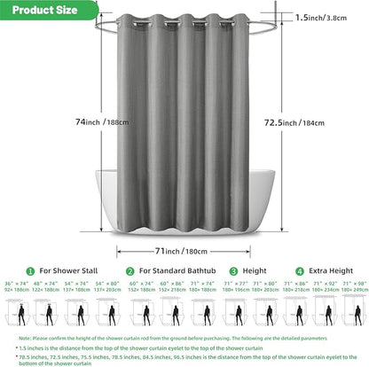 No Hook Waffle Shower Curtain, No Liner Needed Separate, 71x74 Inch, Grey | 100% waterproof TPU-laminated backing, magnetic weighted hem, machine washable, shower curtain set for bathroom or hotel use