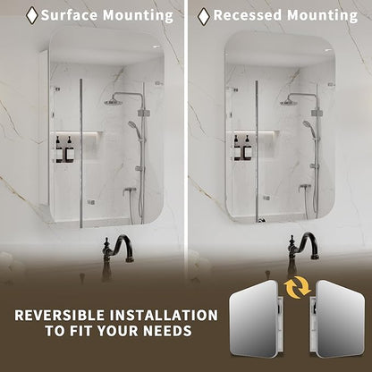 20 x 31 Medicine Cabinet Mirror for Bathroom, Aluminum Frame, Recessed/Surface Mount, Reversible Door, Adjustable Shelves, Wall Mounted Storage Mirror