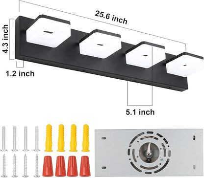3 Colors Dimmable Black Vanity Lights for Bathroom, LED 4 Light Vanity Lighting Fixtures, Acrylic Stainless Steel Bathroom Light Fixtures over Mirror, Adjustable 3000K/4000K/6000K, 360° Rotate