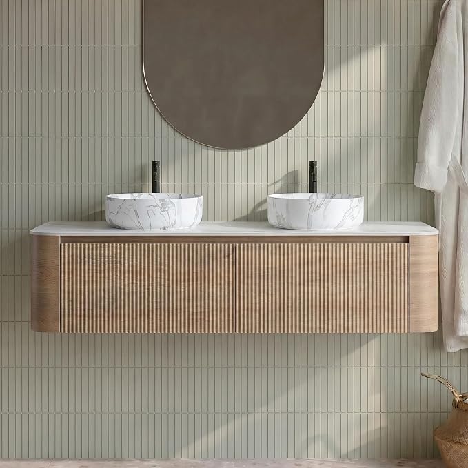 72" Preassembled Double Floating Bathroom Vanity with Carrara Sink, Oak | Mid-Century Modern Style, Fluted & Soft-Close Drawer with U-shaped Wall, Sinterted Stone Countertop, Towel Rack Included