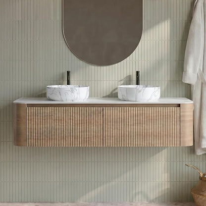 72" Preassembled Double Floating Bathroom Vanity with Carrara Sink, Oak | Mid-Century Modern Style, Fluted & Soft-Close Drawer with U-shaped Wall, Sinterted Stone Countertop, Towel Rack Included