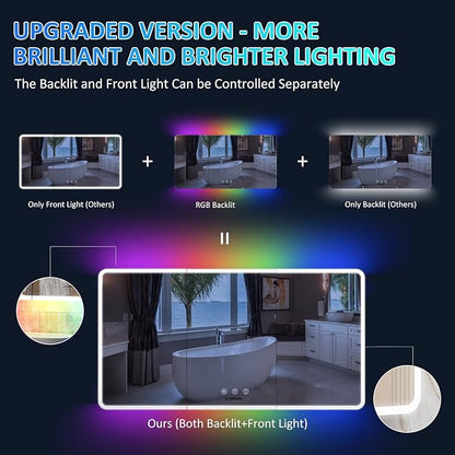 60×32 Inch Lighted Medicine Cabinet with Mirror, RGB Backlit LED Medicine Cabinet with 3-Color Front Lights, Bathroom Mirrored Cabinet with Electrical Outlet, Defogger, Three Door