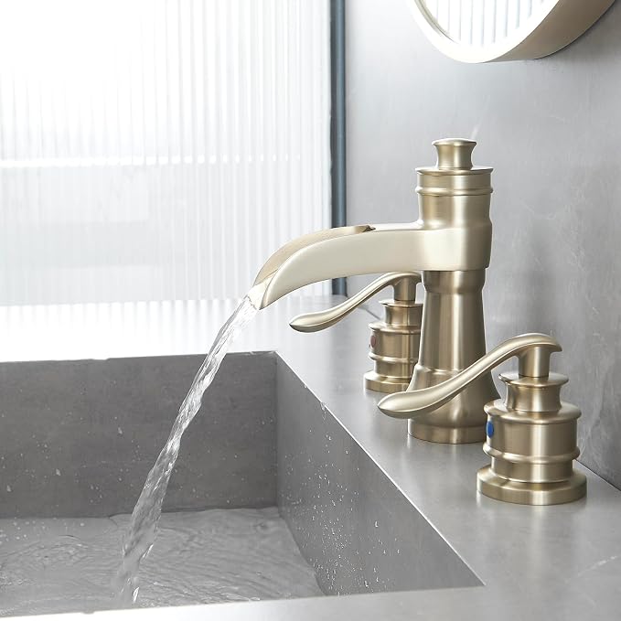 Two Handle Widespread Bathroom Faucet 3 Holes Brushed Gold | Waterfall Spout, Mixer Tap, With Pop Up Drain and Supply Lines, Solid Brass Construction, Neutral Vintage Tone