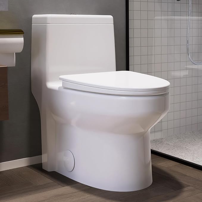 SOTOMO Elongated One Piece Toilet, 12" Rough-In, Compact Design for Bathrooms, 1.1/1.6 GPF Dual Flush toilet, MAP 1000g, Soft-Closing Seat, White Toilet Bowl - 27.75"D x 15.4"W x 27.13"H