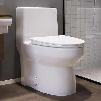 SOTOMO Elongated One Piece Toilet, 12" Rough-In, Compact Design for Bathrooms, 1.1/1.6 GPF Dual Flush toilet, MAP 1000g, Soft-Closing Seat, White Toilet Bowl - 27.75"D x 15.4"W x 27.13"H