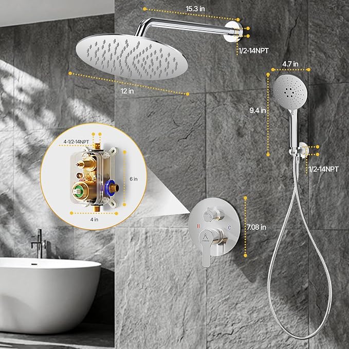 Shower Faucet Set 12IN Brass Rough-In Valve Body Trim Kit Rainfall Included Handle Accessories Complete 2 Functions with Rain Head and Handheld Bathroom Systems (12'', Chrome Polished)