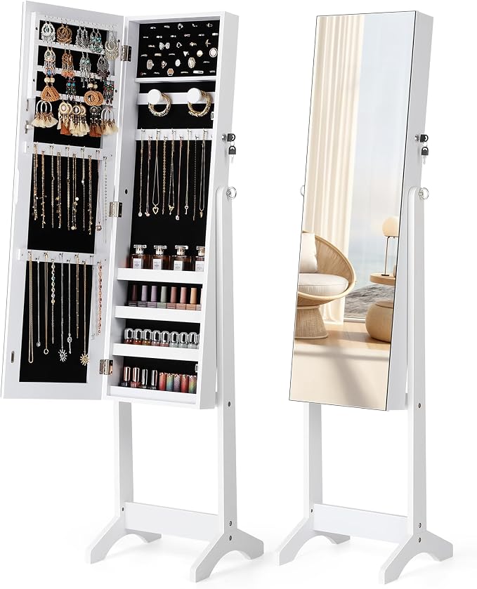 Nicetree Freestanding Jewelry Cabinet, Full Length Mirror, Moon White | Jewelry Armoire Organizer, Lockable Jewelry Storage Cabinet, Frameless Mirror, 3 Adjustable Angles,Gift Idea,Quick Assembly
