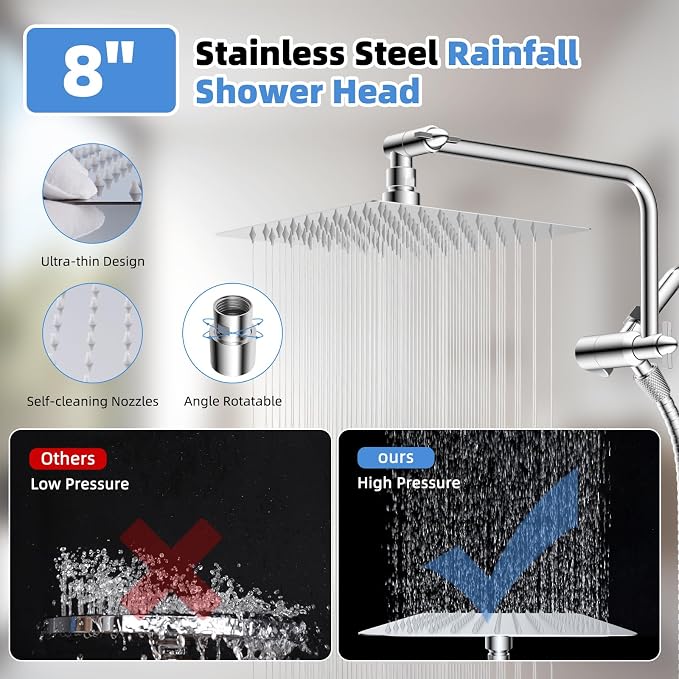 8" Metal Rainfall Shower Head with 10-Mode Handheld, Chrome | NSF/ANSI/CAN 372 Certified, High Pressure Showerhead Combo with 11" Adjustable Shower Arm, 71" Hose, Shower Head Holder