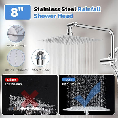 8" Metal Rainfall Shower Head with 10-Mode Handheld, Chrome | NSF/ANSI/CAN 372 Certified, High Pressure Showerhead Combo with 11" Adjustable Shower Arm, 71" Hose, Shower Head Holder