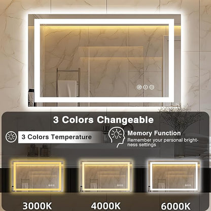 EchosLife 40"x24" LED Bathroom Mirror | Backlit + Front Lit, Anti-Fog, Stepless Dimmable, 3 Colors, Memory, Tempered Glass, UL Listed, Horizontal/Vertical