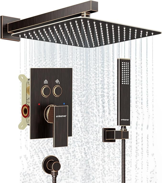 Shower System Shower Faucet Set with Push-Button Diverter and Wall Supply Elbow 12 Inch Shower Head ORB