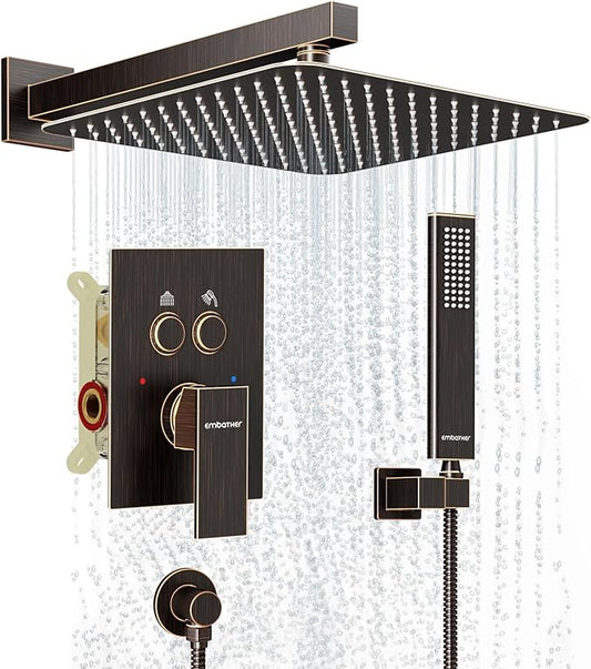 Shower System Shower Faucet Set with Push-Button Diverter and Wall Supply Elbow 12 Inch Shower Head ORB