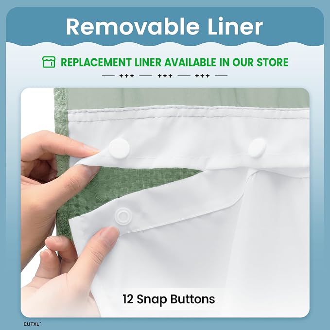 EUTXL Heavyweight No Hook Shower Curtain with Liner, Sage Green,71x86 | Snap in Liner, 256GSM Thick Waffle Fabric, Hotel Luxury Spa, Corner Magnets, Quick Dry, Waterproof & Washable, Extra Long
