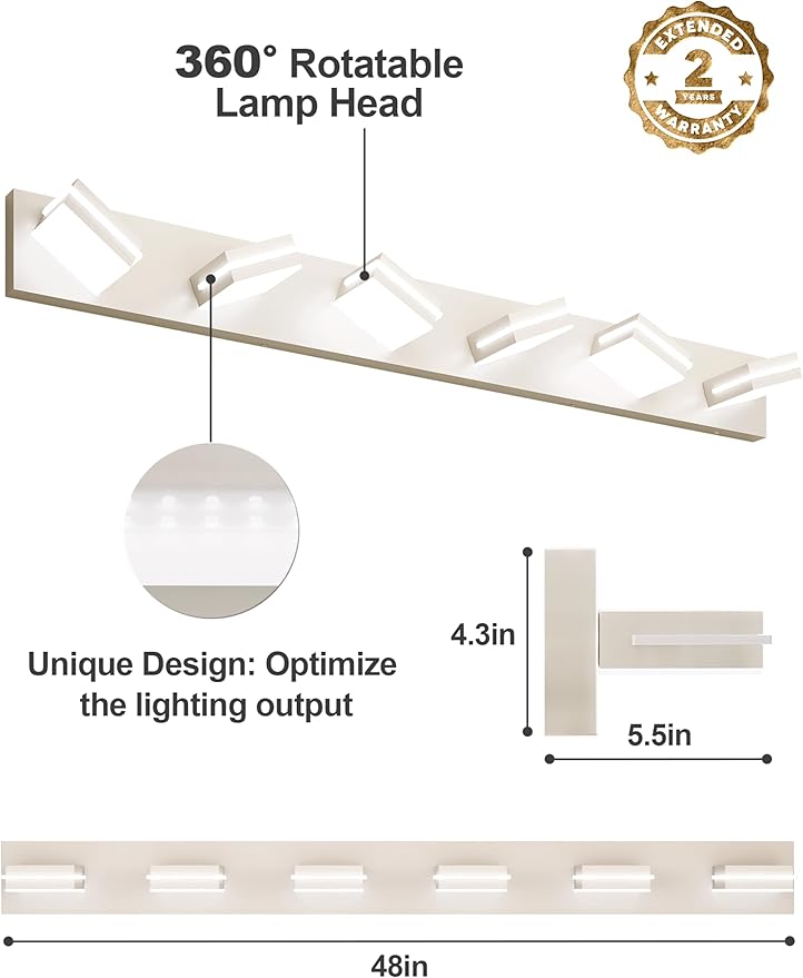 VOLISUN Modern Bathroom Vanity Light Fixtures (6-Light, 48-Inch), Brushed Nickel LED Bathroom Light Fixtures Over Mirror, 360°Rotatable Head, LED Vanity Lights for Bathroom (Cool White 6000K)