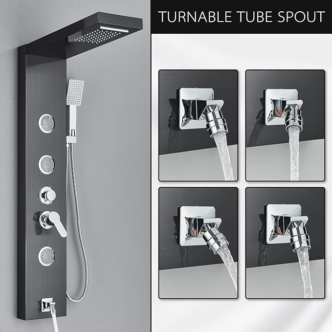 AlenArt Shower Panel Tower System, Multi Function Shower System with Body Jets, Handheld Sprayer, Rainfall Waterfall Shower Head and Tub Spout Stainless Steel Wall Mount Shower Panels Black