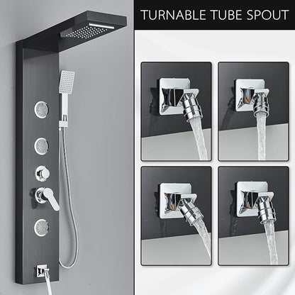 AlenArt Shower Panel Tower System, Multi Function Shower System with Body Jets, Handheld Sprayer, Rainfall Waterfall Shower Head and Tub Spout Stainless Steel Wall Mount Shower Panels Black