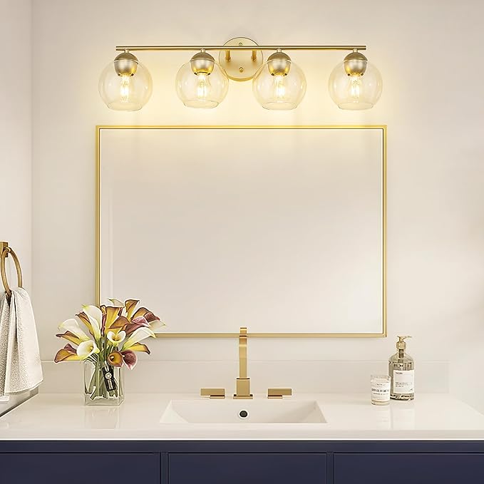 Emak Gold Vanity Lights, Modern Globe Bathroom Light Fixtures, 29 Inch 4-Light Bathroom Vanity Light with Clear Glass Shade for Bath, VL114-GD-4
