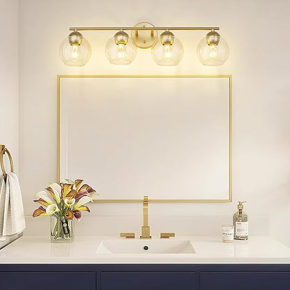 Emak Gold Vanity Lights, Modern Globe Bathroom Light Fixtures, 29 Inch 4-Light Bathroom Vanity Light with Clear Glass Shade for Bath, VL114-GD-4