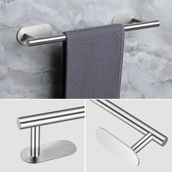 JiGiU Self Adhesive Towel Bar, Wall Mount No Drill Bathroom Hardware Set | Include 16-Inch Bath Towel Bar,Toilet Paper Holder Towel Ring & 3-Pack Towel Hooks Stainless Steel Sticky on Towel Holder Kit