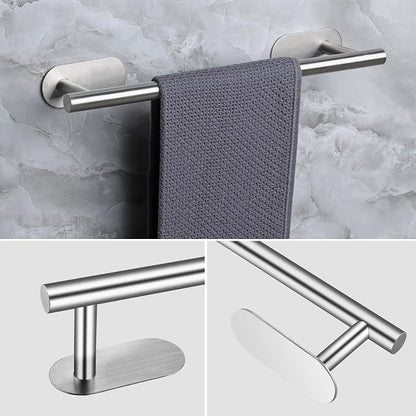 JiGiU Self Adhesive Towel Bar, Wall Mount No Drill Bathroom Hardware Set | Include 16-Inch Bath Towel Bar,Toilet Paper Holder Towel Ring & 3-Pack Towel Hooks Stainless Steel Sticky on Towel Holder Kit