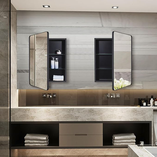 Black Bathroom Mirror Medicine Cabinet with Round Corner Framed Door 20 x 26 inch, Recessed or Surface Mount, with Adjustable Glass Shelves