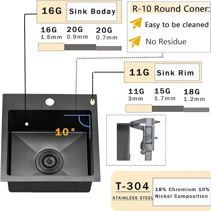 VCCUCINE Gunmetal Black Bar Sink Drop in, 15x15 Inch Topmount RV Small Kitchen Sink, 16 Gauge Overmount Stainless Steel Wet Bar Sink, Top Mount Outdoor Single Bowl Prep Sink with Dish Grid & Drain