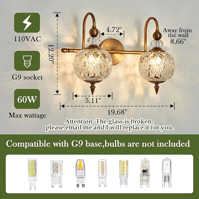 Vintage Bathroom Light Fixtures Gold Vanity Light with Glass Globe LampShade 2 Lights Mid Century G9 Bulb Wall Sconce Indoor Vanity Light Over Mirror for Bedroom Farmhouse Hallway