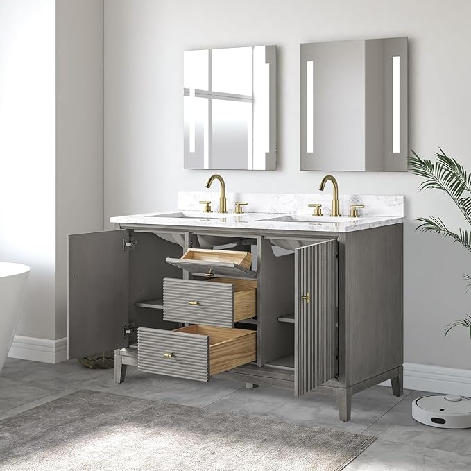 Vanity Art 54" Bathroom Vanity with Double Sink & Arabescato White Engineered Stone Top, Vanity Cabinet with Soft Closing Door, Solid Wood Frame, Golden Brushed Handles, Driftwood Gray VA8154D-DG-GB