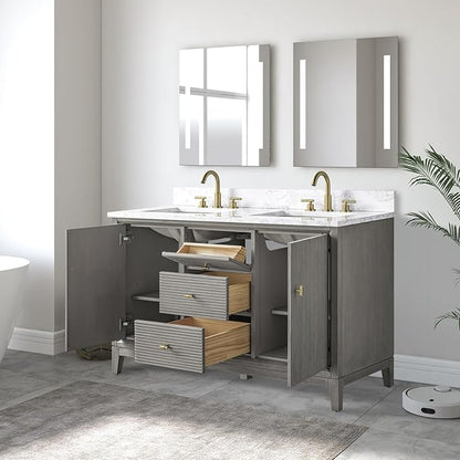 Vanity Art 54" Bathroom Vanity with Double Sink & Arabescato White Engineered Stone Top, Vanity Cabinet with Soft Closing Door, Solid Wood Frame, Golden Brushed Handles, Driftwood Gray VA8154D-DG-GB