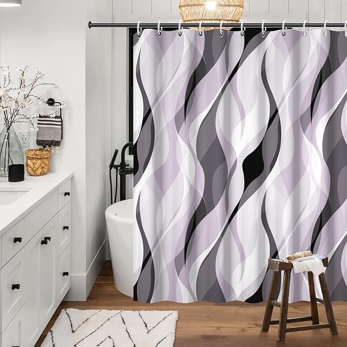 Lavender Shower Curtain, Modern Purple and Grey Striped Shower Curtain Set for Bathroom Waterproof Polyester Shower Curtain with Hooks, 72x84 Inch