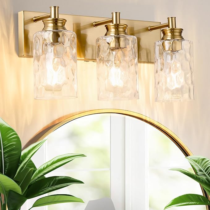 3 Light Bathroom Vanity Light Modern Brushed Gold Bathroom Light Fixtures Over Mirror with Hammered Glass Lampshade for Kitchen Hallway