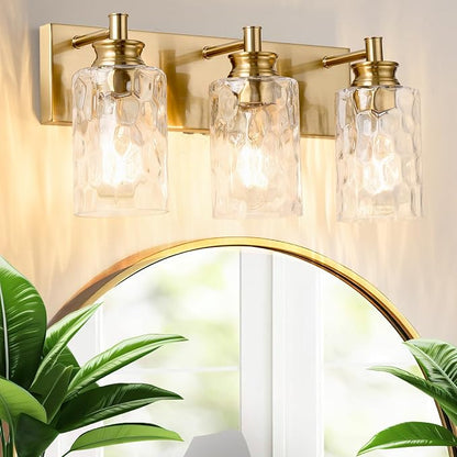 3 Light Bathroom Vanity Light Modern Brushed Gold Bathroom Light Fixtures Over Mirror with Hammered Glass Lampshade for Kitchen Hallway