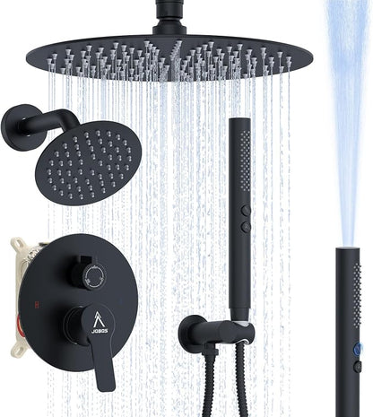 Shower System Shower Faucet Set Rainfall Shower Set with Valve 12+6" Dual Rain Shower Head with Handheld Ceiling Mount Wall Mount Shower Head Shower System, Matte Black