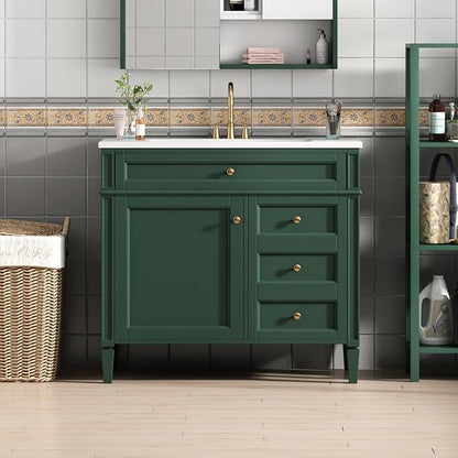 Merax 36'' Bathroom Vanity Without Top Sink, Solid Rubberwood Frame Cabinet | Modern Bathroom Vanity Storage Cabinet with 2 Drawers, Tip-out Drawer, Adjustable Shelf, Soft Closing Doors, Green