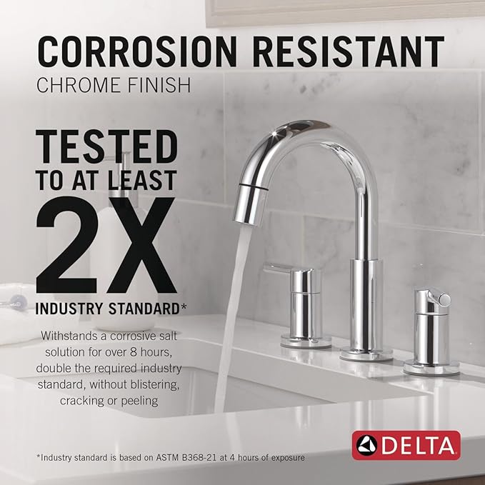 Delta Nicoli Chrome Bathroom Faucet with Sprayer, 8 Inch 3 Hole Widespread Bathroom Sink Faucet with Pull Out Sprayer, Push-Pop Drain, Chrome 35749LF-PD